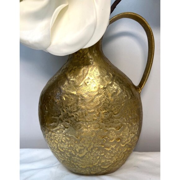 Large Gold Textured Metal Vase With Handle & Fabric White Roses Decor - Picture 2 of 5